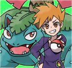  1boy arm_up artist_name bangs blue_oak border commentary_request fangs gen_1_pokemon green_background green_outline grin hand_on_hip happy highres holding holding_poke_ball jewelry long_sleeves looking_at_another looking_at_viewer male_focus necklace open_mouth orange_eyes orange_hair outline outstretched_arm poke_ball poke_ball_(basic) pokemon pokemon_(creature) pokemon_(game) pokemon_rgby purple_shirt red_eyes rorosuke shirt short_hair simple_background smile spiked_hair standing teeth tongue twitter_username upper_body v-shaped_eyebrows venusaur 