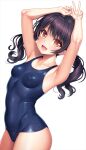  1girl :d armpits arms_up bang_dream! bangs black_hair blue_swimsuit blush breasts cameltoe covered_navel covered_nipples cowboy_shot futaba_tsukushi lambda_(kusowarota) leaning_back long_hair looking_at_viewer one-piece_swimsuit open_mouth orange_eyes school_swimsuit simple_background small_breasts smile solo standing swimsuit twintails v white_background 