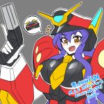  1girl aku_no_onna_kanbu:_perigee_new_moon blue_hair blush breasts brown_eyes car eyebrows_visible_through_hair grey_background ground_vehicle gun highres holding holding_gun holding_weapon kouichi_(kouichi-129) large_breasts m.o.e. mecha motor_vehicle no_humans open_mouth robot smile solo speech_bubble v-fin weapon 