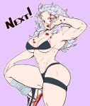  abs absurdres arm_up armpits bikini blood breasts cleavage collarbone cowboy_shot dorohedoro english_text hand_on_own_knee highres joylewds looking_at_viewer loose_socks medium_breasts muscular muscular_female navel noi_(dorohedoro) open_mouth purple_background red_eyes shoes sneakers spaghetti_strap standing standing_on_one_leg swimsuit t-back_spats teeth thigh_strap toned tongue wavy_hair white_hair 