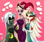  &lt;3 anthro astrally avian bird clothed clothing crown demon dress female gloves group hand_holding handwear hazbin_hotel helluva_boss humanoid open_mouth owl pink_background simple_background smile speach_bubble stella_(vivzmind) 