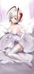  1girl absurdres antenna_hair arknights bare_shoulders demon_girl demon_horns demon_tail dress elbow_gloves feet gloves highres horns looking_at_viewer nevin_(flyskying) pantyhose red_horns short_hair silver_hair skirt tail thighhighs w_(arknights) white_dress white_gloves white_legwear white_skirt white_theme 