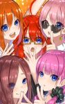  5girls absurdres ahoge bangs bare_shoulders blue_eyes blunt_bangs blush brown_hair closed_mouth commentary_request earrings eyebrows_visible_through_hair face finger_to_mouth flower gesture glasses go-toubun_no_hanayome hair_between_eyes hair_ornament hand_up highres huge_filesize index_finger_raised jewelry light_purple_hair long_hair looking_at_viewer multiple_girls nakano_ichika nakano_itsuki nakano_miku nakano_nino nakano_yotsuba one_eye_closed open_mouth orange_hair pink_hair quintuplets r_(ryo) red_hair ribbon rose shirt short_hair shushing sidelocks smile sunglasses upper_teeth v 