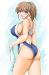  1girl akimoto_dai ass back blue_background blue_eyes blue_swimsuit blush breasts brown_hair competition_swimsuit covered_nipples cowboy_shot dated eyebrows_visible_through_hair gradient gradient_background hair_between_eyes highleg highleg_swimsuit highres impossible_clothes impossible_swimsuit intrepid_(kantai_collection) kantai_collection large_breasts looking_back one-piece_swimsuit open_mouth ponytail short_hair smile solo swimsuit twitter_username 