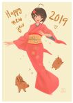  1girl 2019 :d absurdres ahoge alternate_costume bangs blush boar border breasts brown_hair chinese_zodiac commentary danganronpa_(series) danganronpa_another_episode:_ultra_despair_girls dated flower full_body hair_flower hair_ornament hand_up happy_new_year heart highres japanese_clothes kimono long_sleeves looking_at_viewer medium_breasts missarilicious naegi_komaru new_year obi open_mouth pink_kimono print_kimono round_teeth sash short_hair smile solo sparkle standing teeth white_border wide_sleeves year_of_the_pig 