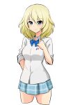  1girl alternate_costume arm_behind_back bangs blonde_hair blouse blue_eyes blue_neckwear blue_skirt blush bow bowtie closed_mouth collared_shirt commentary_request cowboy_shot cropped_legs eyebrows_visible_through_hair frown girls_und_panzer highres long_sleeves looking_at_viewer medium_hair messy_hair miniskirt nasunael oshida_(girls_und_panzer) partial_commentary plaid plaid_skirt pleated_skirt school_uniform shirt simple_background skirt sleeves_rolled_up solo standing white_background white_blouse wing_collar 