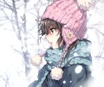  1girl blue_jacket blue_scarf blurry blurry_background blush brown_eyes brown_hair hat highres jacket knit_hat long_hair long_sleeves nardack original parted_lips scarf snow solo tree winter winter_clothes 