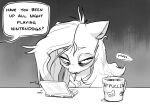  beverage bunchedupletters clothed clothing cup dialogue english_text equid equine female fluttershy_(mlp) friendship_is_magic hair hasbro hi_res mammal messy_hair monochrome my_little_pony nintendo nintendo_ds nintendo_ds_family text tired video_games 