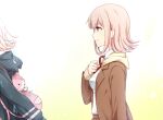  2girls backpack bag bangs black_jacket breasts brown_jacket cat_bag commentary_request danganronpa_(series) danganronpa_2:_goodbye_despair danganronpa_3_(anime) dual_persona eyebrows_visible_through_hair from_side hand_on_own_chest hand_up hood hood_down hope&#039;s_peak_academy_school_uniform jacket light_brown_hair looking_at_another medium_breasts multiple_girls nanami_chiaki neck_ribbon nico_(nico_alice) open_clothes open_jacket pink_bag pink_hair profile red_ribbon ribbon school_uniform shirt short_hair simple_background smile solo_focus spoilers upper_body white_background white_shirt 