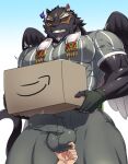  aaassstaro amazon_(company) anthro becoming_erect black_body black_fur bulge clenched_teeth clothed clothing duo erect_nipples erection erection_under_clothing felid fur genital_outline male mammal muscular muscular_anthro muscular_male nipples pantherine parody pecs penis_outline teeth tezcatlipoca tokyo_afterschool_summoners video_games wings 