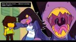  16:9 anthro bodily_fluids deltarune dialogue dialogue_box duo english_text female human kris_(deltarune) male male/female mammal mouth_shot open_mouth rookiex saliva susie_(deltarune) teeth text video_games widescreen 