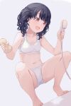  1girl bare_arms bare_legs black_hair bra collarbone commentary_request dutch_angle eyebrows_visible_through_hair fukumaru_koito head_tilt highres hiroki_(yyqw7151) idolmaster idolmaster_shiny_colors legs_apart looking_to_the_side navel open_mouth panties purple_eyes short_hair short_twintails shower_head simple_background smile solo sponge sports_bra squatting stomach twintails underwear white_background white_bra white_panties 