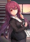  1girl alternate_costume black_jacket black_skirt breasts business_suit dress_shirt fate/grand_order fate_(series) formal highres indoors jacket large_breasts long_hair notebook office_lady pen purple_hair red_eyes scathach_(fate)_(all) scathach_(fate/grand_order) shirt skirt skirt_suit solo stairwell suit teacher torottye very_long_hair window 