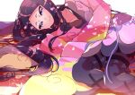  1girl absurdres black_hair blush choker closed_mouth collarbone commentary eyelashes frills gym_leader highres japanese_clothes long_hair long_sleeves looking_at_viewer lying on_side pokemon pokemon_(game) pokemon_xy pon_yui purple_choker purple_eyes smile solo valerie_(pokemon) very_long_hair 