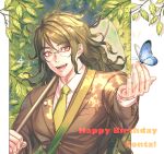  1boy :d bag bangs blue_butterfly brown_eyes brown_hair brown_jacket bug butterfly character_name collared_shirt commentary_request danganronpa_(series) danganronpa_v3:_killing_harmony fang glasses gokuhara_gonta green_neckwear happy_birthday highres holding insect jacket leaf long_hair long_sleeves looking_at_viewer male_focus messy_hair necktie net open_mouth over_shoulder round_eyewear sanmian_(chidarakeno) shirt shoulder_bag smile solo upper_body white_background white_shirt 