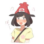  1girl bag bangs beanie blush commentary_request eyelashes floral_print grey_eyes hat open_mouth pokemon pokemon_(game) pokemon_sm red_headwear selene_(pokemon) shirt short_sleeves shoulder_bag smile solo t-shirt unapoppo upper_body yellow_shirt 