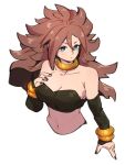  1girl android_21 bare_shoulders black_nails blue_eyes bracelet breasts choker cleavage closed_mouth collarbone dragon_ball dragon_ball_fighterz fingernails hair_between_eyes hand_on_own_chest jewelry kemachiku long_hair looking_at_viewer majin_android_21 medium_breasts nail_polish navel red_hair solo upper_body yellow_choker 