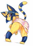  2021 absurd_res animal_crossing ankha_(animal_crossing) anthro barefoot butt clothed clothing felid feline female fur genitals hair hi_res looking_at_viewer mammal nintendo no_underwear purple_eyes pussy signature simple_background solo tamanosuke video_games yellow_body yellow_fur 