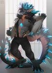  2021 4_toes 5_fingers abs anthro blue_eyes digital_media_(artwork) dragon feet fingers fur furred_dragon hi_res horn kodashi looking_at_viewer male solo toes wingless_dragon 