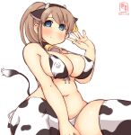  1girl alternate_costume animal_ears animal_print artist_logo bell bikini blue_eyes breasts brown_hair commentary_request covered_nipples cow_ears cow_horns cow_print cow_tail cowbell cowboy_shot dated fake_animal_ears fake_horns highres horns intrepid_(kantai_collection) kanon_(kurogane_knights) kantai_collection large_breasts ponytail short_hair side-tie_bikini simple_background sitting solo swimsuit tail thighhighs white_background white_bikini white_legwear 