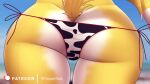  16:9 2021 animal_print anthro beach bikini bikini_bottom blurred_background butt butt_shot clothing conditional_dnp cow_print digimon digimon_(species) digital_media_(artwork) outside rear_view renamon seaside solo swimwear text wet whisperfoot widescreen yellow_tail 