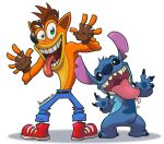  2017 4_fingers 5_fingers activision alien anthro back_markings bandicoot belt biped black_eyes black_nose blue_body blue_bottomwear blue_claws blue_clothing blue_fur blue_nose blue_pants blue_pawpads bodily_fluids bottomwear brown_hair chest_tuft claws clothed clothing crash_bandicoot crash_bandicoot_(series) crossover digital_media_(artwork) disney duo experiment_(lilo_and_stitch) eyebrows fingerless_gloves fingers footwear fur gloves green_eyes hair hallabong handwear head_tuft lilo_and_stitch looking_at_viewer looking_back looking_back_at_viewer male mammal markings marsupial notched_ear open_mouth open_smile orange_body pants pawpads raised_eyebrows saliva semi-anthro sharp_teeth shoes simple_background small_tail smile sneakers stitch_(lilo_and_stitch) teeth toe_claws tongue tongue_out topless tuft video_games 