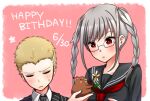  1boy 1girl animal bangs blonde_hair blush border braid closed_eyes commentary_request danganronpa_(series) danganronpa_2:_goodbye_despair dated face flower glasses hamster happy_birthday highres holding holding_animal holding_flower kuzuryuu_fuyuhiko looking_down nico_(nico_alice) open_mouth pekoyama_peko school_uniform short_hair striped_jacket sweatdrop twin_braids twintails upper_body very_short_hair white_border 