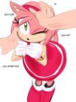  amy_rose anthro captainjingo clothed clothing disembodied_hand dress duo english_text eulipotyphlan female fist hand_on_head hand_under_chin hedgehog high-angle_view humanoid_hands looking_at_viewer looking_up male male/female mammal one_eye_closed petting simple_background sonic_the_hedgehog_(series) standing text 