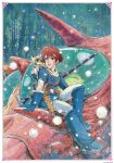  1980s_(style) 1girl absurdres animal_on_shoulder blue_footwear blue_gloves boots character_name earrings gloves gun handgun highres holstered_weapon jewelry kaze_no_tani_no_nausicaa knee_boots miyazaki_hayao nausicaa official_art red_hair retro_artstyle rifle scan short_hair sitting solo teto weapon 