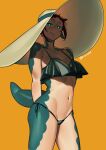  1girl absurdres aqua_eyes bikini black_bikini cowboy_shot hat highres looking_at_viewer navel nia_(nia4294) orange_background original shadow simple_background smile solo swimsuit tail twitter_username 