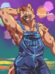  anthro armpit_hair body_hair clothing ear_piercing ear_ring fruitz hand_behind_head head_tuft hi_res hyaenid looking_at_viewer male mammal muscular muscular_anthro muscular_male nipples overalls overalls_only pecs piercing simple_background smile solo solo_focus tuft 
