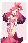  1girl ;d blush bracelet china_dress chinese_clothes crown disgaea disgaea_rpg dress flower hair_flower hair_ornament highres jewelry long_hair looking_at_viewer makai_senki_disgaea_5 mini_crown official_alternate_costume one_eye_closed open_mouth pink_background pink_dress pink_hair pink_theme pointy_ears print_dress purple_eyes rose seraphina_(disgaea) smile solo sparkle tenanagi_(gourgeist8mb) thighs white_flower white_rose 