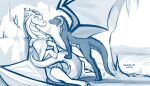  2021 7:4 bedroom_eyes blue_and_white blush claws conditional_dnp covering covering_self dragon duo embarrassed face_to_face female female/female feral hi_res horn lady_nora larger_female lying madam_reni_(twokinds) membrane_(anatomy) membranous_wings monochrome narrowed_eyes on_back ram_horns scales scalie seductive shy size_difference smaller_female smile spread_wings tail_between_legs tom_fischbach twokinds webcomic western_dragon wings 