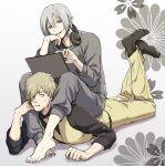  2boys black_legwear computer facial_hair grey_hair grey_pants hair_between_eyes hair_over_one_eye headphones headphones_around_neck inugami_kohachi kemono_jihen laptop long_sleeves looking_at_viewer lying mihai_florescu moyo_(inuchiyo) multiple_boys necktie on_stomach pants pointy_ears red_eyes simple_background stubble the_pose vest 