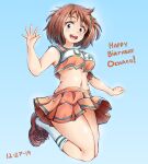  1girl alternate_costume blue_sky boku_no_hero_academia breasts brown_eyes brown_footwear brown_hair cheerleader english_commentary english_text happy_birthday highres jumping looking_at_viewer medium_breasts navel no_bra shoes short_hair sky smile socks solace solo thighs underboob uraraka_ochako waving 