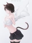  1girl 2021 animal_ears bangs black_legwear black_skirt breasts brown_hair buttons cat_ears cat_girl cat_tail cloth collarbone cowboy_shot finger_to_mouth hands_up highres light_brown_eyes medium_breasts navel original pleated_shirt r_(curvy) short_hair simple_background skirt solo tail thighhighs white_background zettai_ryouiki 