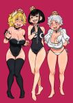  3girls absurdres anko_(nia) bare_legs bare_shoulders barefoot black_hair black_legwear black_leotard blonde_hair blue_eyes blush bowsette bowsette_(cosplay) bracelet breasts bright_pupils chain cleavage collar cosplay earrings english_commentary full_body gloves hands_up highres jewelry large_breasts leotard mario_(series) medium_hair multiple_girls navel new_super_mario_bros._u_deluxe nia_(nia4294) open_mouth pants pink_background pink_eyes pointy_ears ponytail princess_chain_chomp princess_chain_chomp_(cosplay) princess_king_boo princess_king_boo_(cosplay) puffy_short_sleeves puffy_sleeves red_eyes sharp_teeth short_hair short_sleeves simple_background sinta_(nia) smile spiked_bracelet spiked_collar spikes standing strapless strapless_leotard super_crown teeth thighhighs uhi_(nia) white_gloves white_hair white_pants white_pupils 