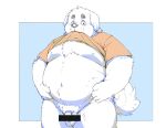  2021 anthro balls belly canid canine canis censored clothing domestic_dog genitals inunoshippo kemono male mammal moobs nipples overweight overweight_anthro overweight_male penis shirt solo topwear 