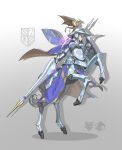 1girl absurdres android armor blonde_hair blue_cape breasts cape centaur closed_mouth covered_nipples drop_shadow faulds full_armor full_body gauntlets grey_background helmet highres holding holding_lance holding_polearm holding_shield holding_weapon hologram horse_tail impossible_armor jinyu_lao_honglingjin lance logo looking_down mecha_musume medium_breasts multiple_legs original polearm rearing red_eyes shadow shield short_hair shoulder_armor sidelocks simple_background snap-fit_buckle solo tail underbust visor_(armor) weapon 