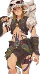  1boy arm_at_side bangs barbarian_set_(zelda) belt blonde_hair breasts brown_gloves closed_mouth collarbone cowboy_shot fingerless_gloves fur_trim gloves hand_up helmet highres holding holding_weapon horned_helmet horns iva_(sena0119) link long_hair looking_at_viewer male_focus midriff navel o-ring official_alternate_costume over_shoulder pointy_ears sideways_glance simple_background skull skull_on_head solo standing stomach stomach_tattoo tattoo the_legend_of_zelda the_legend_of_zelda:_breath_of_the_wild torn_clothes weapon weapon_over_shoulder white_background 