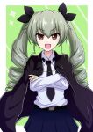  1girl :d anchovy_(girls_und_panzer) anzio_school_uniform bangs belt black_belt black_cape black_neckwear black_ribbon black_skirt cape commentary cowboy_shot crossed_arms dress_shirt drill_hair girls_und_panzer green_background green_hair hair_ribbon highres long_hair long_sleeves looking_at_viewer miniskirt necktie open_mouth outside_border pleated_skirt red_eyes ribbon school_uniform shirt skirt smile solo sparkle standing twin_drills twintails v-shaped_eyebrows white_shirt wing_collar yasei 