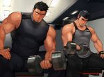  2boys bara bare_arms bare_shoulders black_eyes black_hair black_legwear black_pants black_shirt black_tank_top bulge covered_nipples dumbbell facial_hair feet_out_of_frame grey_tank_top gym gym_shirt lcebanon leggings looking_at_another male_focus multiple_boys muscular muscular_male original pants pectorals reward_available shirt short_hair sleeveless sleeveless_shirt spiked_hair spread_legs stubble sweatdrop tank_top thick_thighs thighs undercut veins weightlifting yaoi 