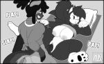  2021 anthro big_breasts blinki_the_wolf blush bodily_fluids bottomless breasts butt canid canine clothed clothed_sex clothing collar curvy_figure devin_(yungyiff) eyewear female genital_fluids genitals glasses gloves greyscale handwear hi_res lying male male/female mammal missionary_position mklancer00 monochrome on_back penetration penis pillow pussy pussy_juice raised_clothing raised_shirt raised_topwear sex shirt spread_legs spreading thick_thighs topwear vaginal vaginal_penetration voluptuous wide_hips 