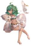  1girl absurdres ahoge bangs bikini choker collarbone commentary_request dark_skin eyebrows_visible_through_hair full_body granblue_fantasy green_choker green_eyes green_hair hair_over_one_eye hat hat_removed headwear_removed highres jacket knees_together_feet_apart kolulu_(granblue_fantasy) long_hair long_sleeves navel open_clothes open_jacket puffy_long_sleeves puffy_sleeves sandals see-through simple_background solo sun_hat swimsuit tota_(sizukurubiks) white_background white_bikini white_footwear white_headwear white_jacket 