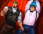  2boys arms_up auction bara black_eyes black_hair black_vest bound bound_wrists bow bowtie brown_hair brown_pants bulge cane denim facial_hair formal goatee highres jeans lcebanon male_focus multiple_boys muscular muscular_male nipples original pants pectorals pink_shirt reward_available shirt short_hair sleeves_rolled_up spiked_hair suspenders thick_thighs thighs tight_shirt undercut vest white_shirt 