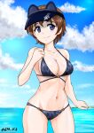  1girl akaboshi_koume animal_hat bangs bikini black_bikini black_headwear blue_eyes blue_sky breasts brown_hair cat_hat cleavage cloud cloudy_sky cowboy_shot day girls_und_panzer halterneck hat highres horizon looking_at_viewer medium_breasts navel nspa_(spa-jcs) o-ring o-ring_bikini ocean outdoors panther_print paw_print print_bikini shore short_hair sky solo standing swimsuit visor_cap wavy_hair 