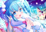  1girl :d bangs blue_eyes blue_hair blurry blurry_background blush bow coat commentary depth_of_field eyebrows_visible_through_hair fur-trimmed_coat fur-trimmed_sleeves fur_trim hair_between_eyes hair_bow hands_up hatsune_miku ikari_(aor3507) long_hair long_sleeves looking_at_viewer official_art open_mouth purple_coat sidelocks smile solo sparkle steepled_fingers striped striped_bow twintails upper_body vocaloid watermark web_address yuki_miku 