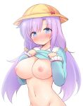  1girl bangs blue_eyes blue_shirt blush bottomless breasts brown_scrunchie closed_mouth collared_shirt eyebrows_visible_through_hair groin hair_between_eyes hair_ornament hair_scrunchie hands_up hat highres iris_mysteria! large_breasts long_hair long_sleeves looking_at_viewer low_twintails navel nipples nose_blush parted_bangs patricia_shandy purple_hair school_hat scrunchie shirt shirt_lift simple_background sleeves_past_wrists solo twintails very_long_hair wavy_mouth white_background yellow_headwear yuu_(yumezakura) 