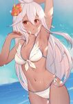  1girl :o arm_up armpits bangs bare_arms bare_shoulders bikini blue_sky blush breasts cleavage collarbone dark_skin dark_skinned_female day eyebrows_visible_through_hair flower granblue_fantasy groin hair_between_eyes hair_flower hair_ornament hand_up highres horizon long_hair medium_breasts navel ocean open_mouth outdoors parted_lips red_eyes red_flower sky solo swimsuit thigh_gap uneg very_long_hair water water_drop wet white_bikini white_hair zooey_(granblue_fantasy) 
