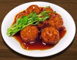  close-up food food_focus hokkaido_(artist) leaf meat meatball no_humans original plate sauce still_life vegetable 